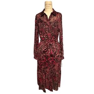 Nanette Lepore Floral Print Sheer Midi Dress‎ Belted Burgundy Pink Long Sleeve 6